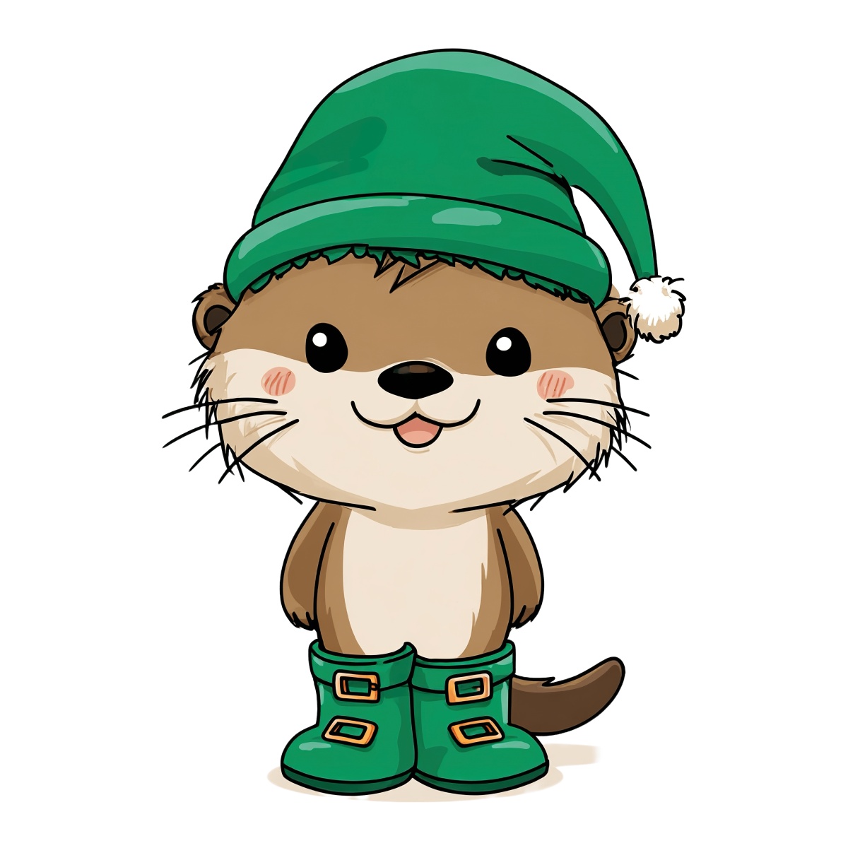 Cartoon otter with green hat and boots, brown and cream fur.