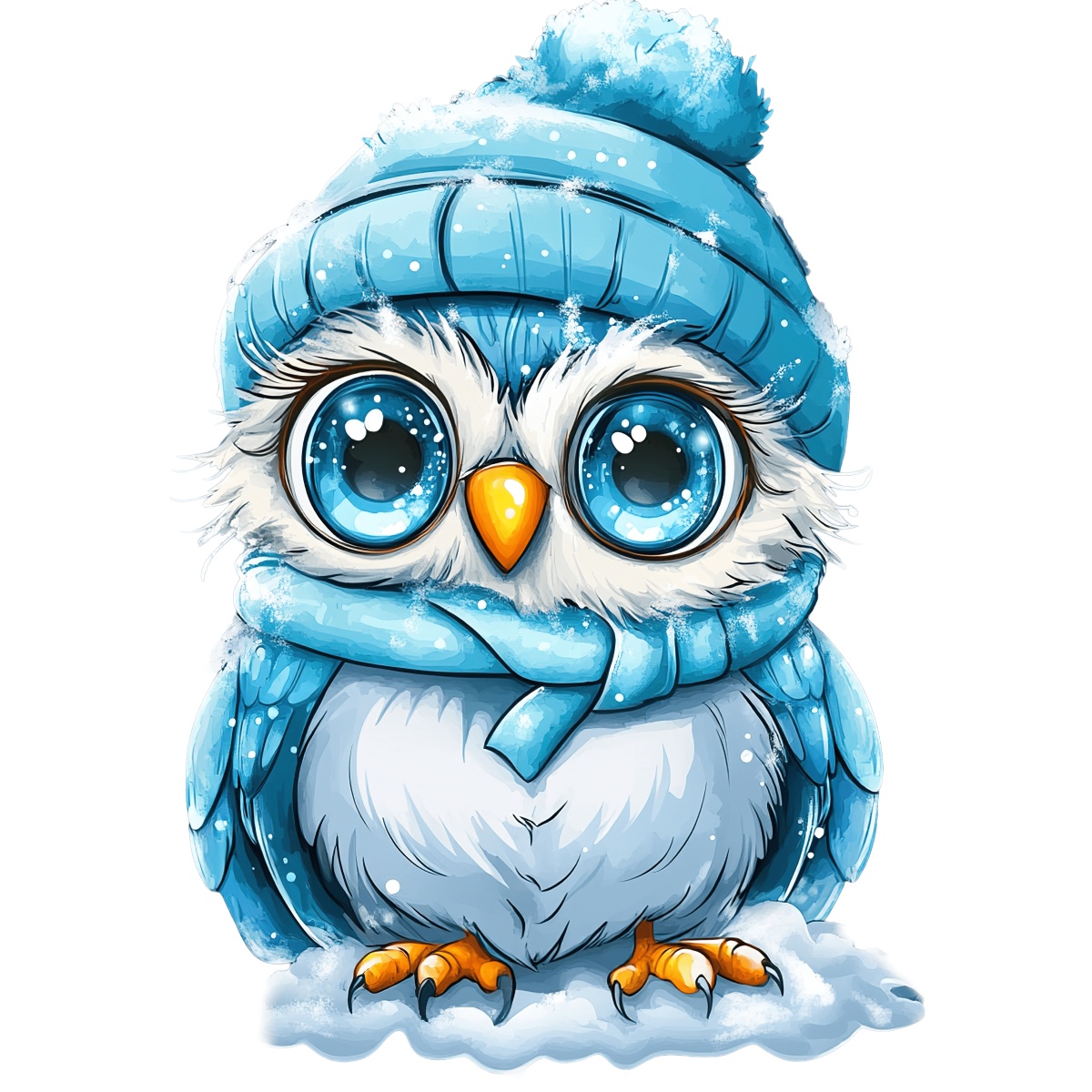 Cartoon owl with large eyes wearing a blue winter hat and scarf.