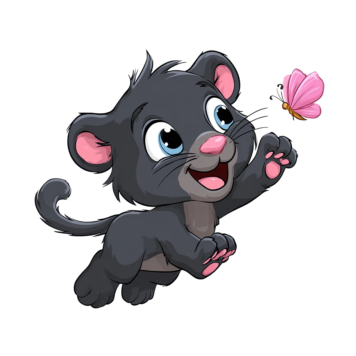 Panther cub with black fur reaching for a pink butterfly in a cartoon style.