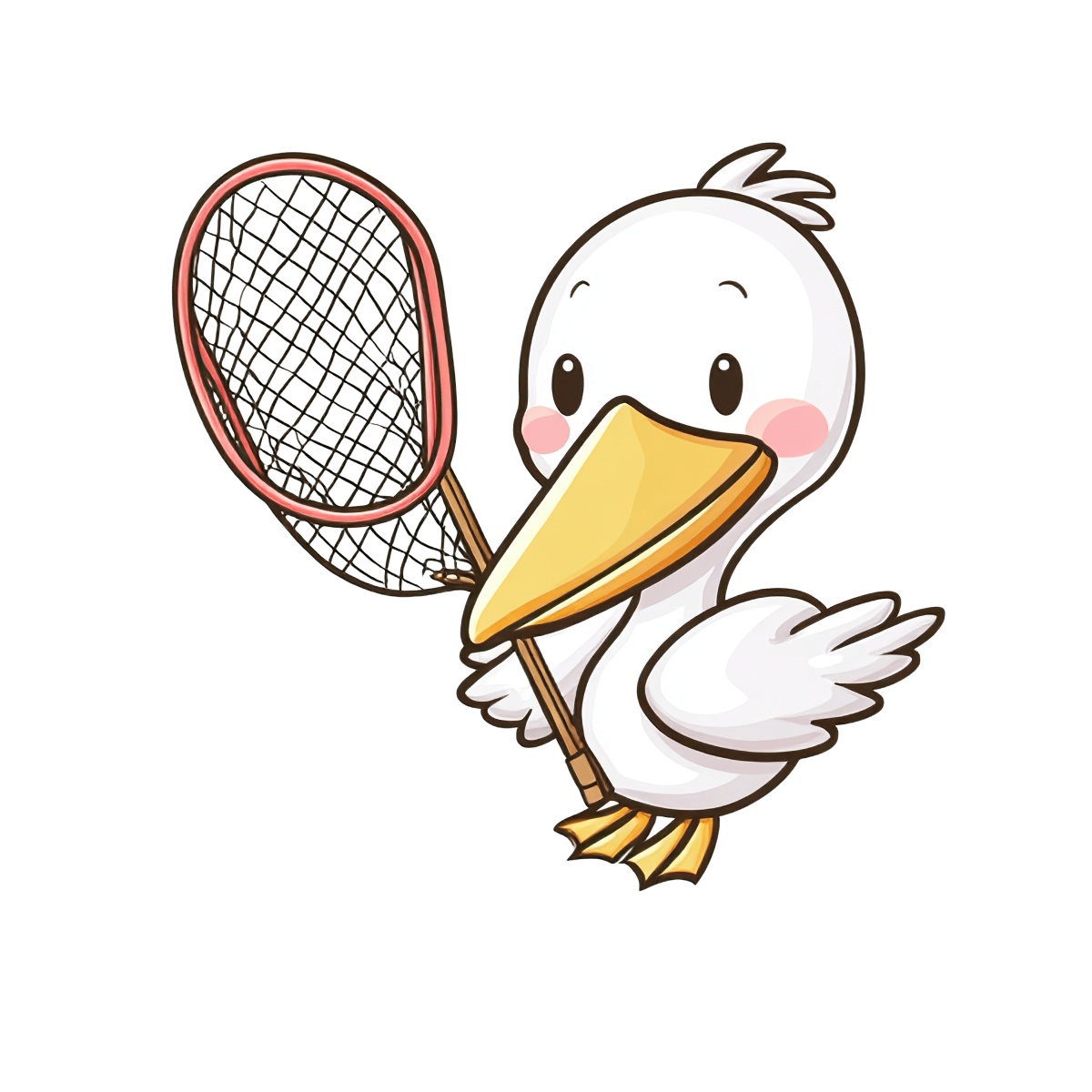Pelican with yellow bill holding a fishing net, cartoon style.
