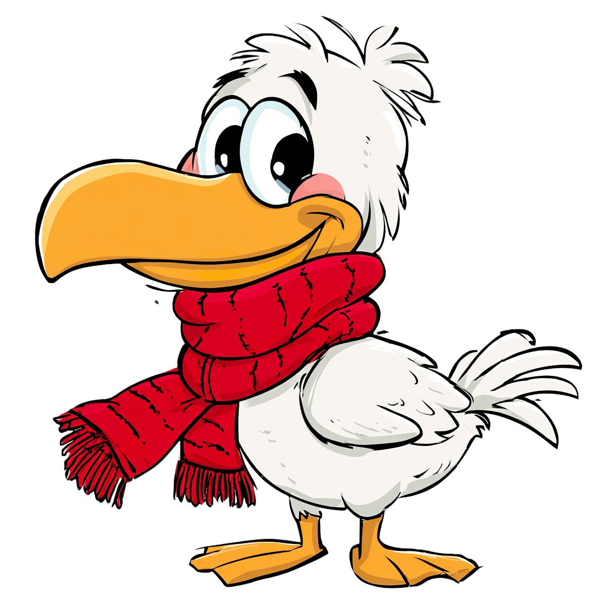 Cartoon pelican with white feathers and a red scarf, large yellow beak.