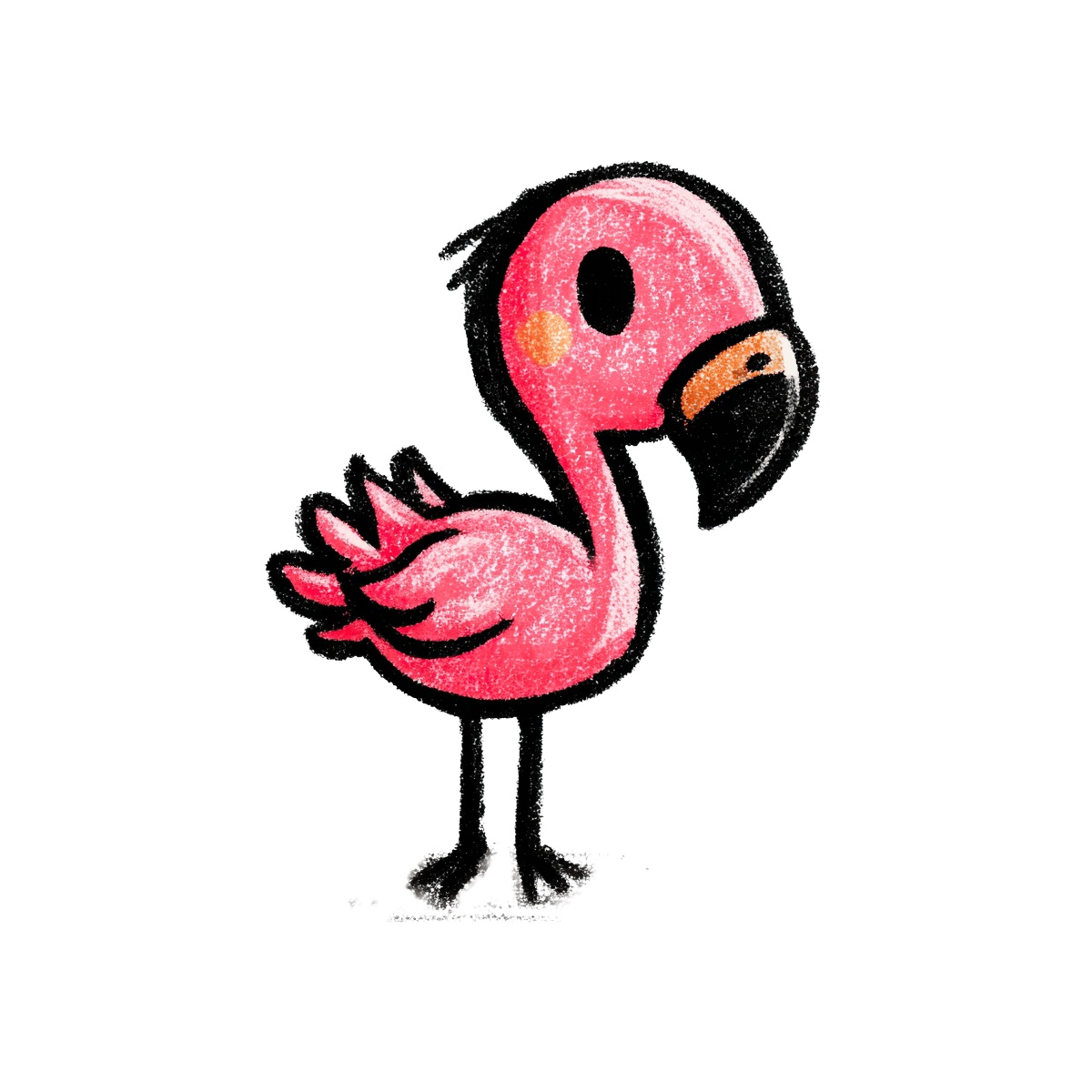 Cartoon flamingo with pink body and black beak in illustration.