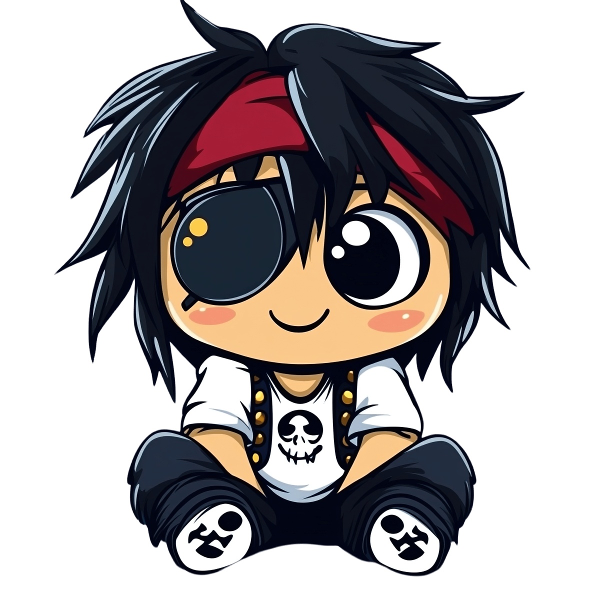 Cartoon pirate character with an eye patch and red bandana sitting down.