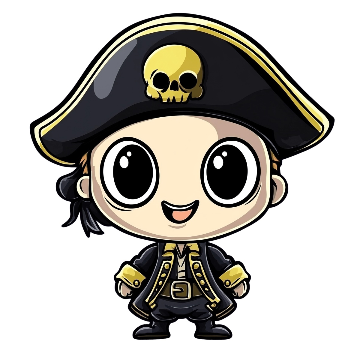 Cartoon pirate character with a skull hat and black outfit.