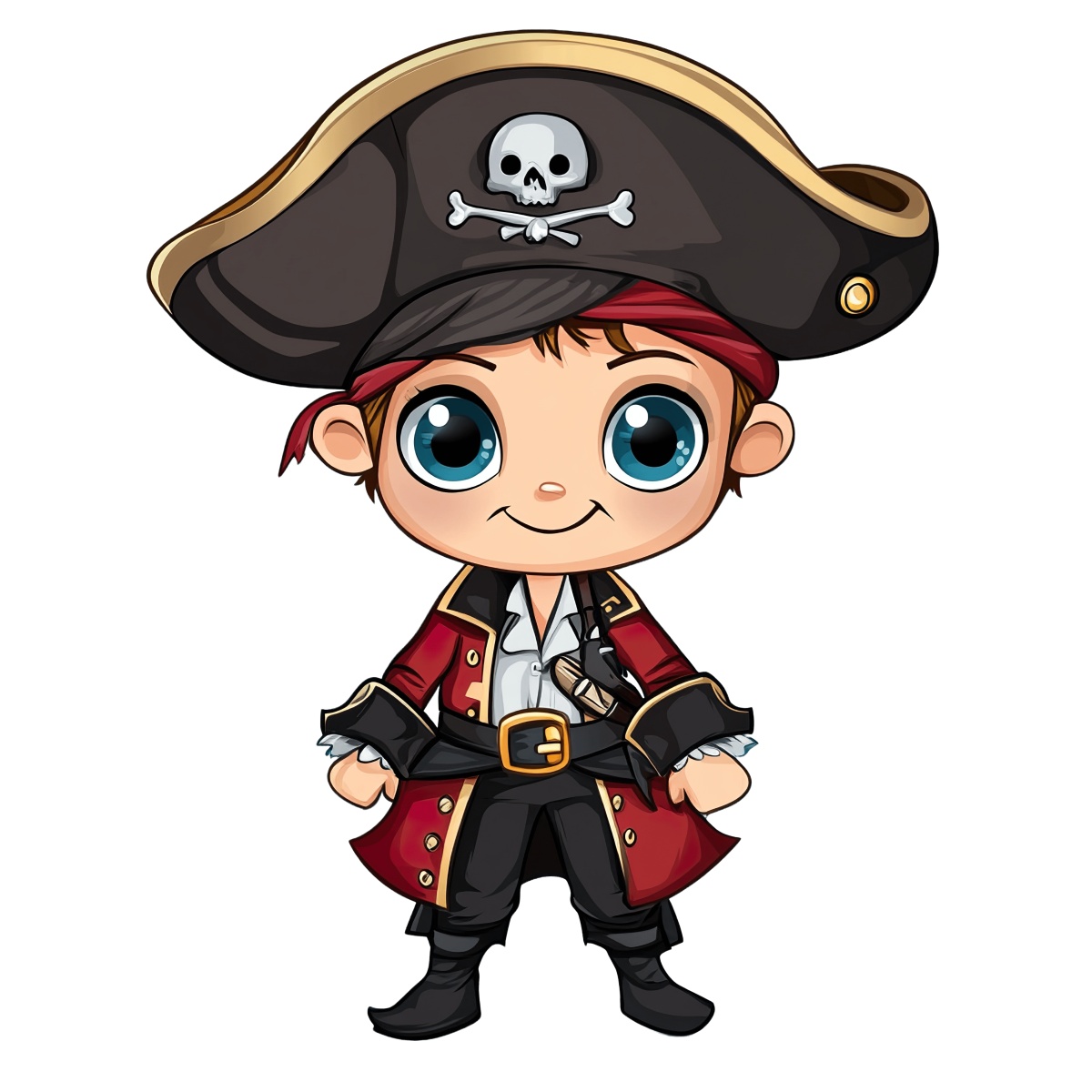 Cartoon pirate character wearing a traditional pirate costume with a hat.