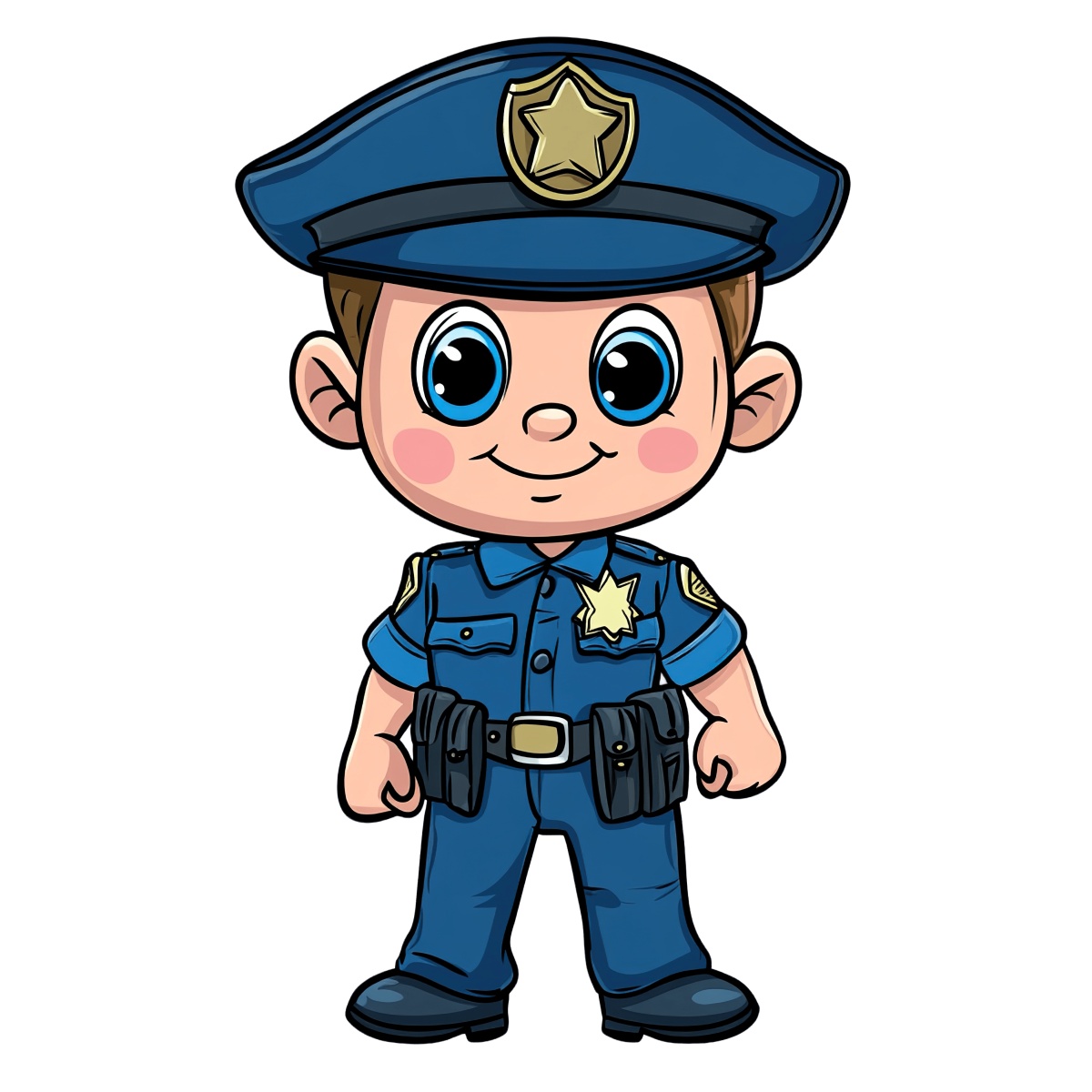 Cartoon police officer character in blue uniform with badge and belt.