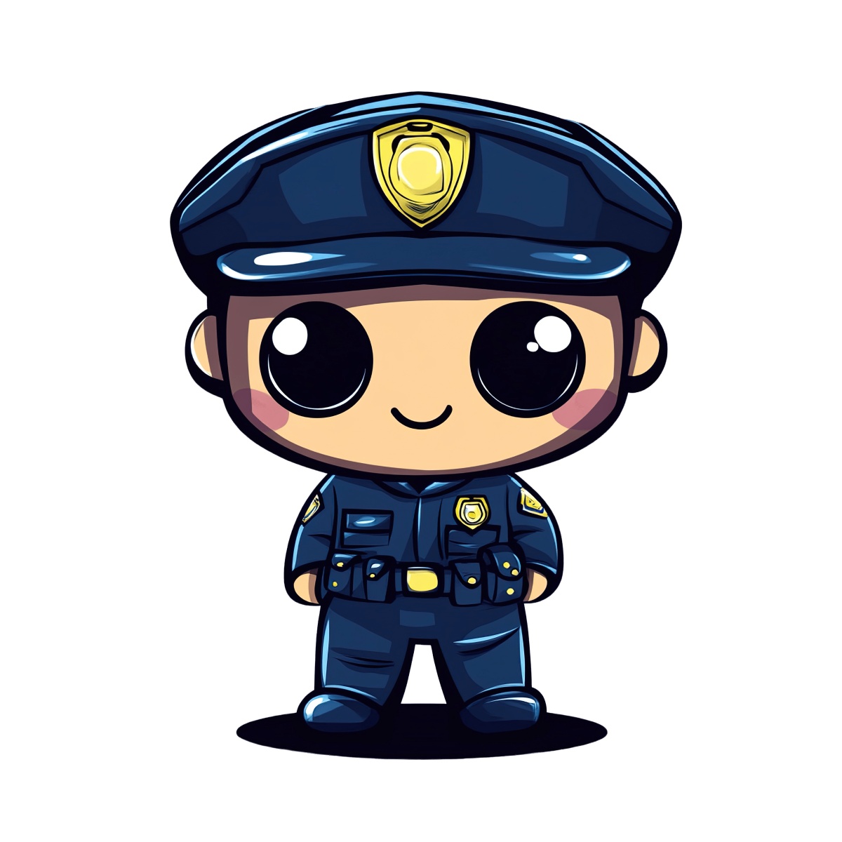 Cartoon police officer character in blue uniform and cap, smiling.