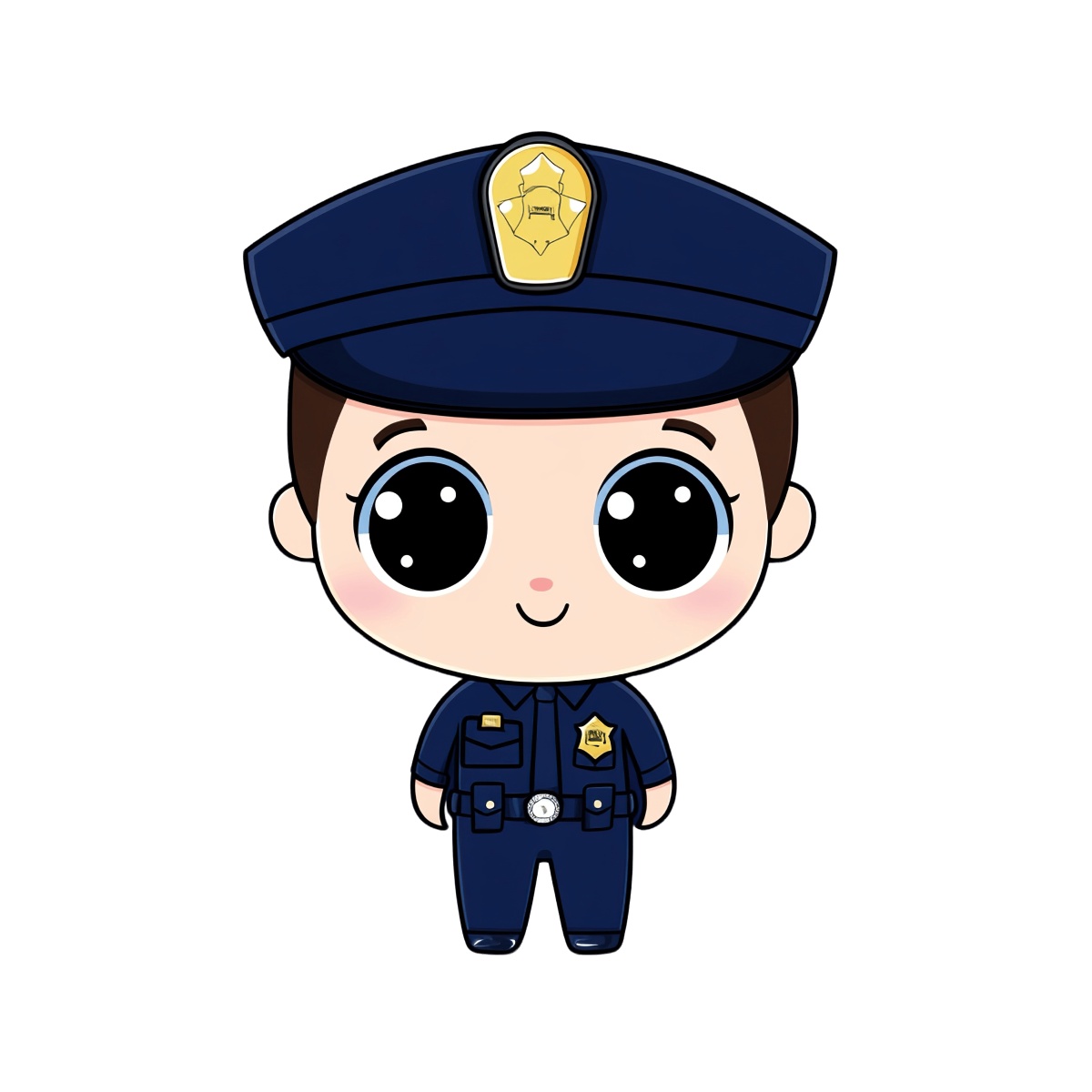Cartoon police officer in blue uniform with badge and hat.