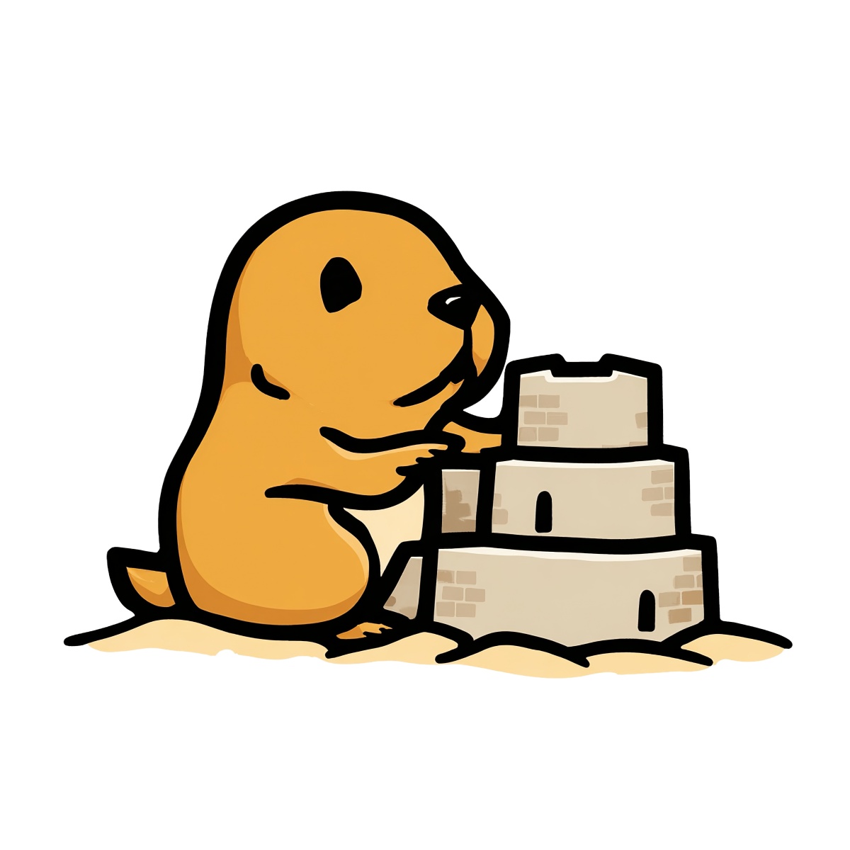 Prairie dog drawing building a sandcastle with a yellow-brown body and black outlines.