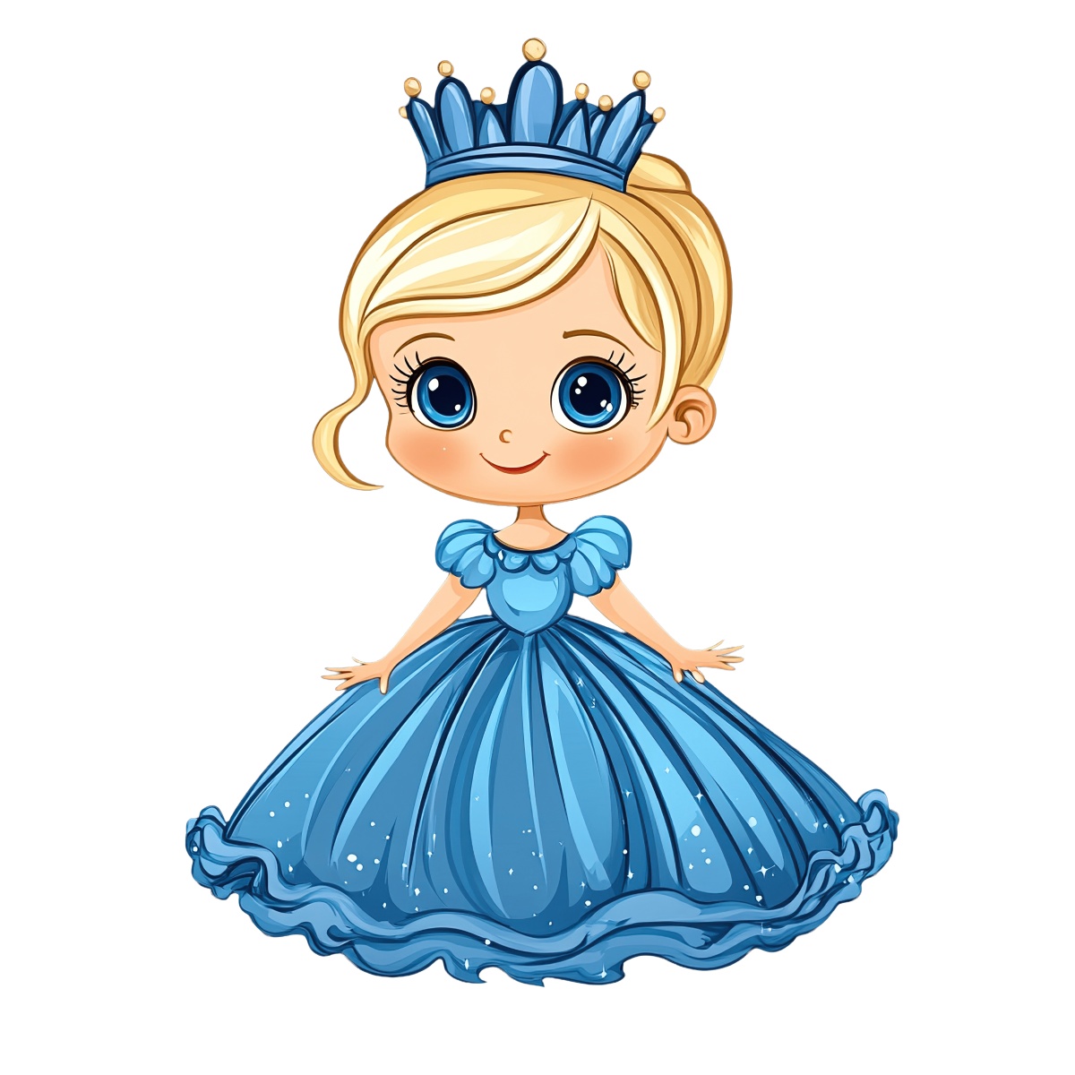 Cartoon princess character wearing a blue dress and crown.