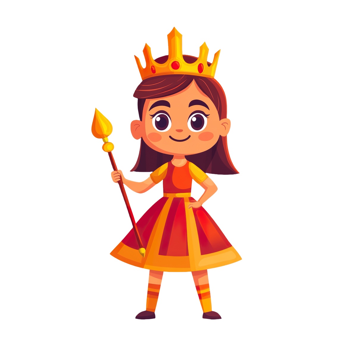 Cartoon princess character wearing a red and yellow dress with a crown.