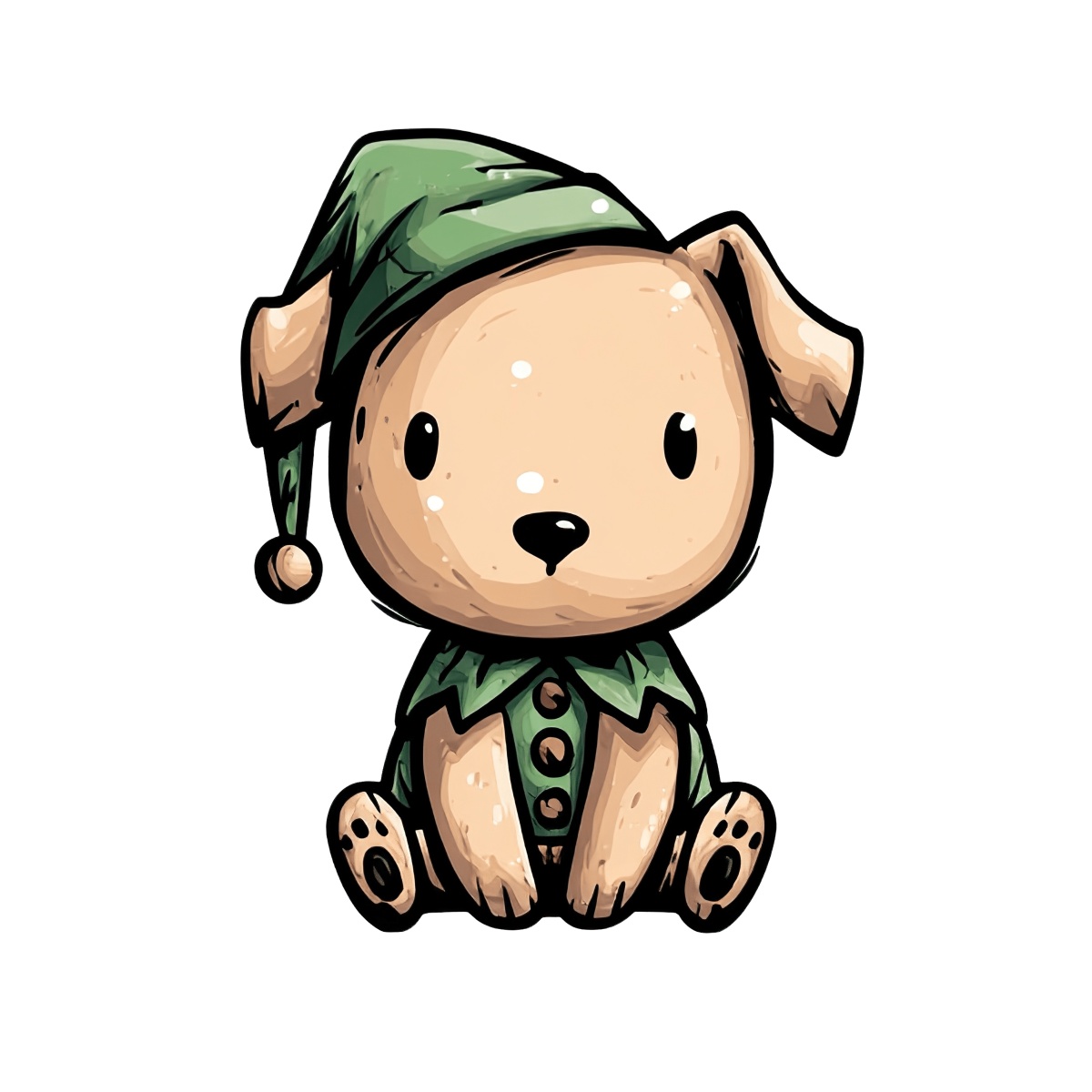 Light brown cartoon puppy in a green elf costume, sitting position.