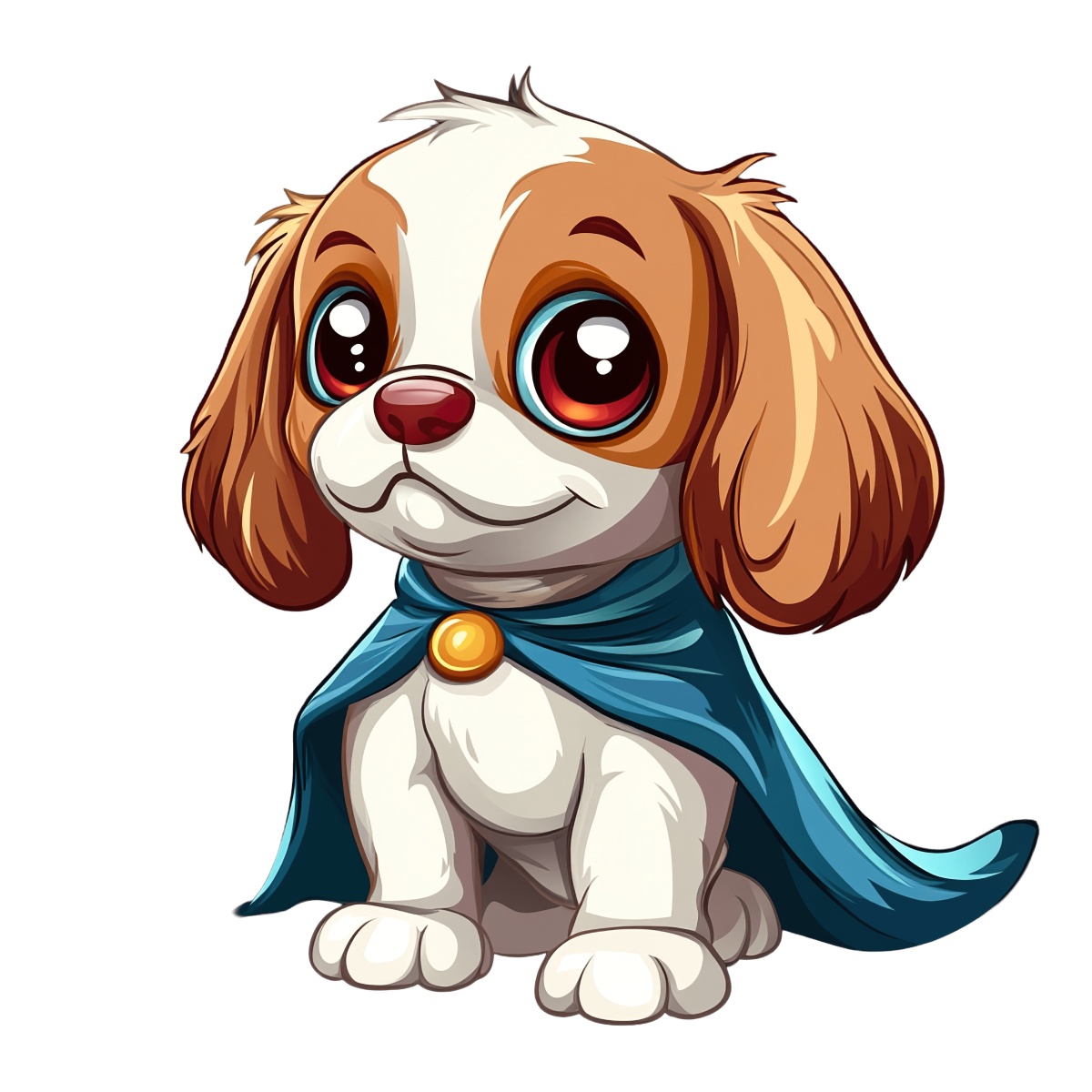 Cartoon puppy with large eyes wearing a blue cape.