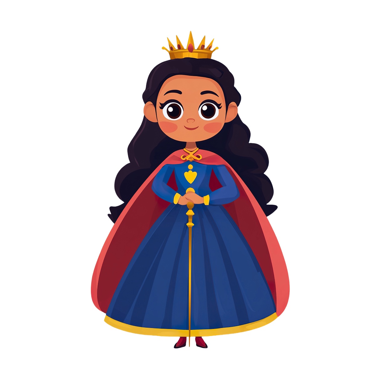 Cartoon queen character in blue dress with crown and scepter.