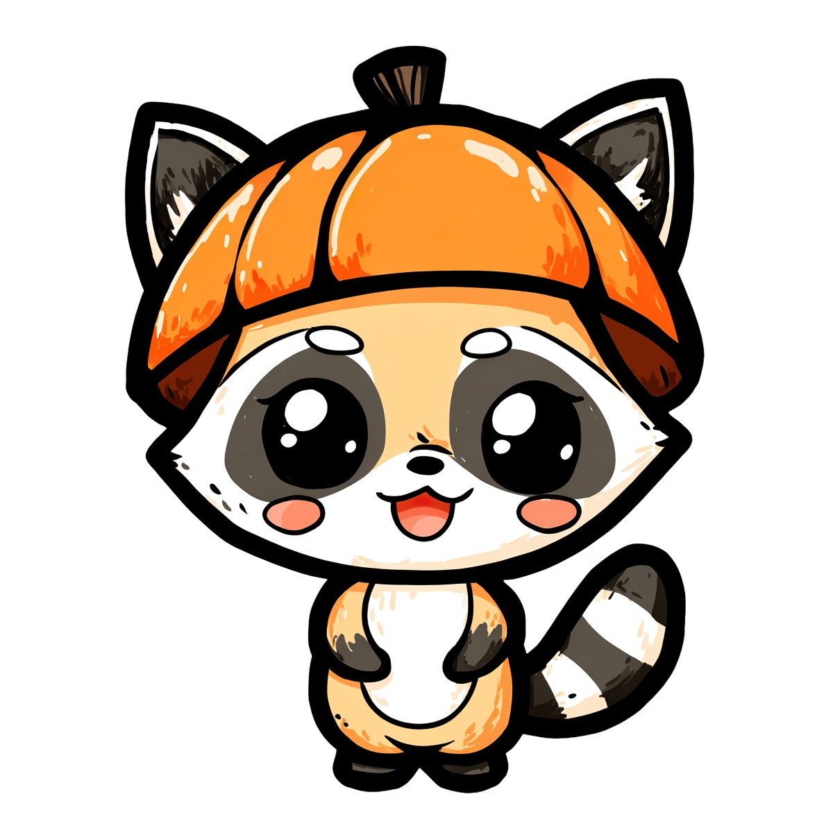 Cartoon raccoon wearing an orange pumpkin hat with a striped tail.