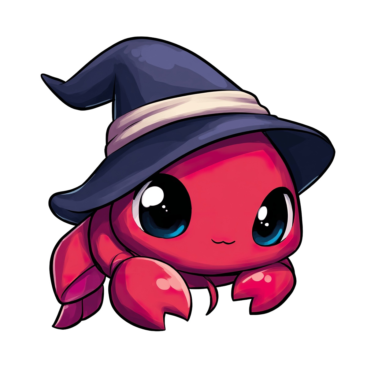 Cartoon red crab with a witch hat and large eyes.
