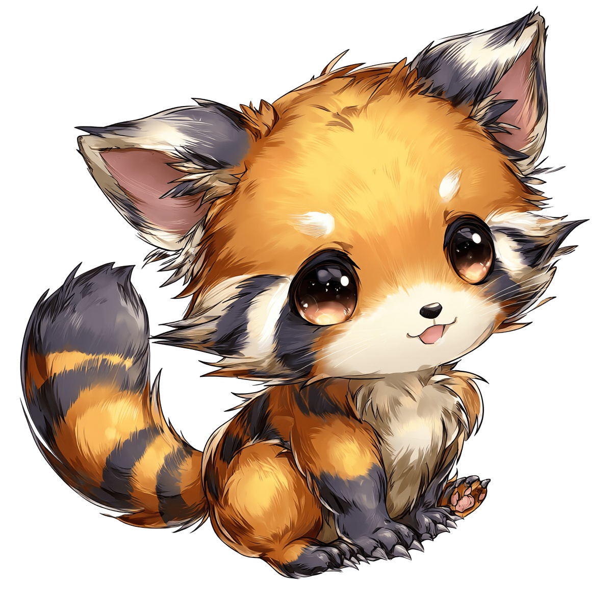Cartoon red panda with bushy tail, large eyes, orange and black fur.