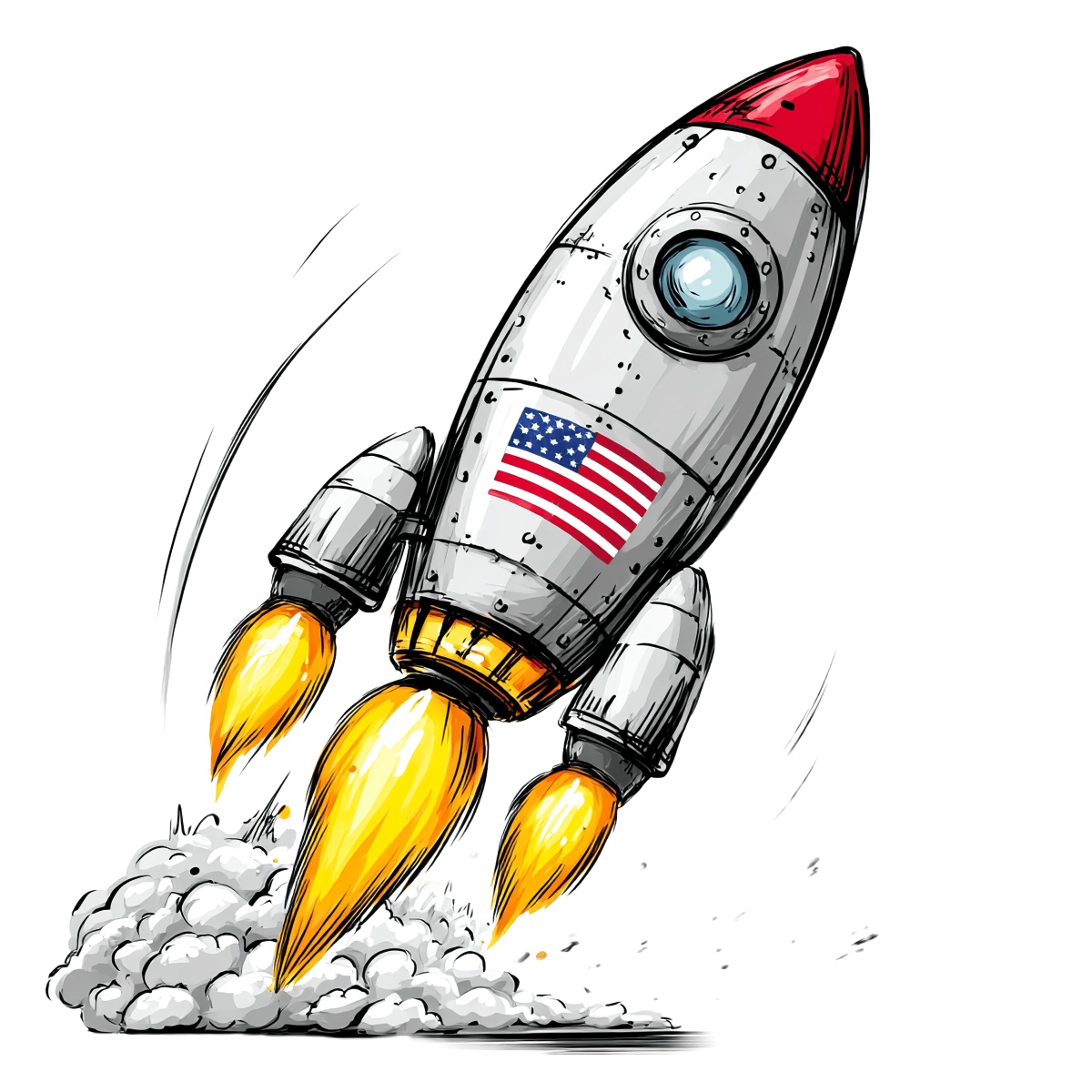 Cartoon rocket with American flag decal