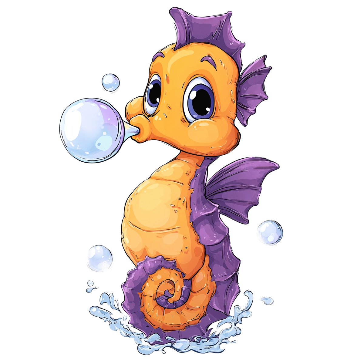 Cartoon seahorse with orange body and purple fins blowing bubbles.
