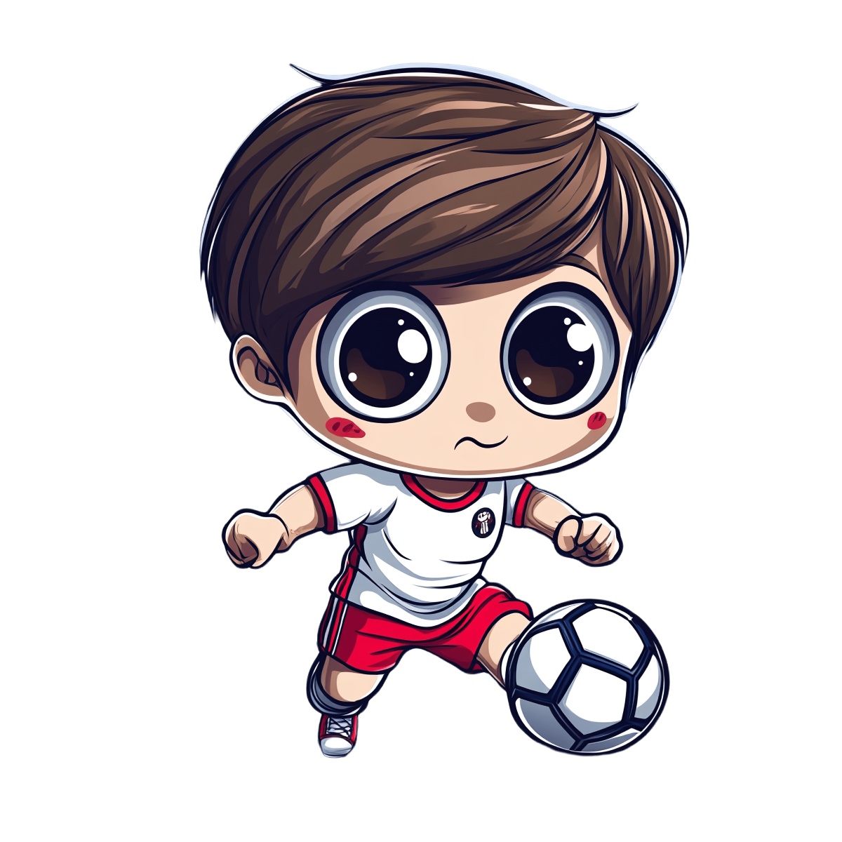 Cartoon soccer player in uniform kicking a ball energetically.
