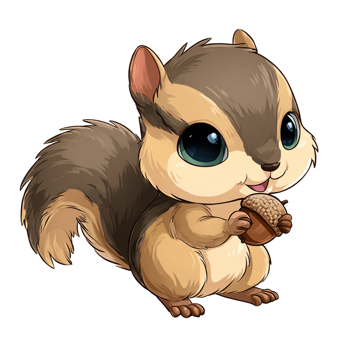 Cartoon squirrel holding an acorn with a large fluffy tail.