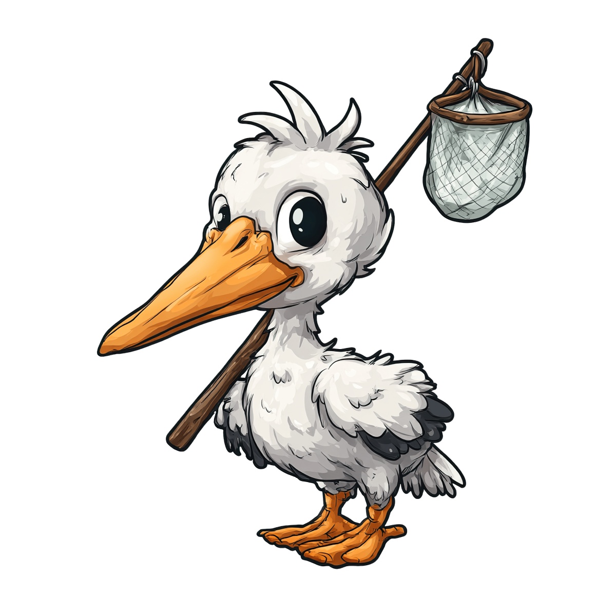 Cartoon stork with large beak and sack on a stick over its shoulder.