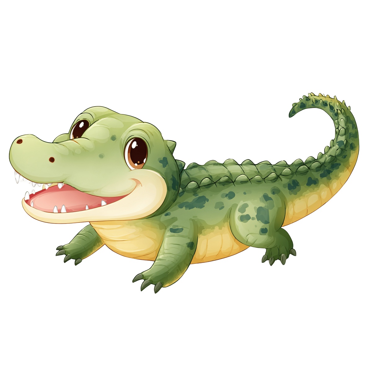 Cartoon crocodile with big eyes and scales, green color, clipart style.
