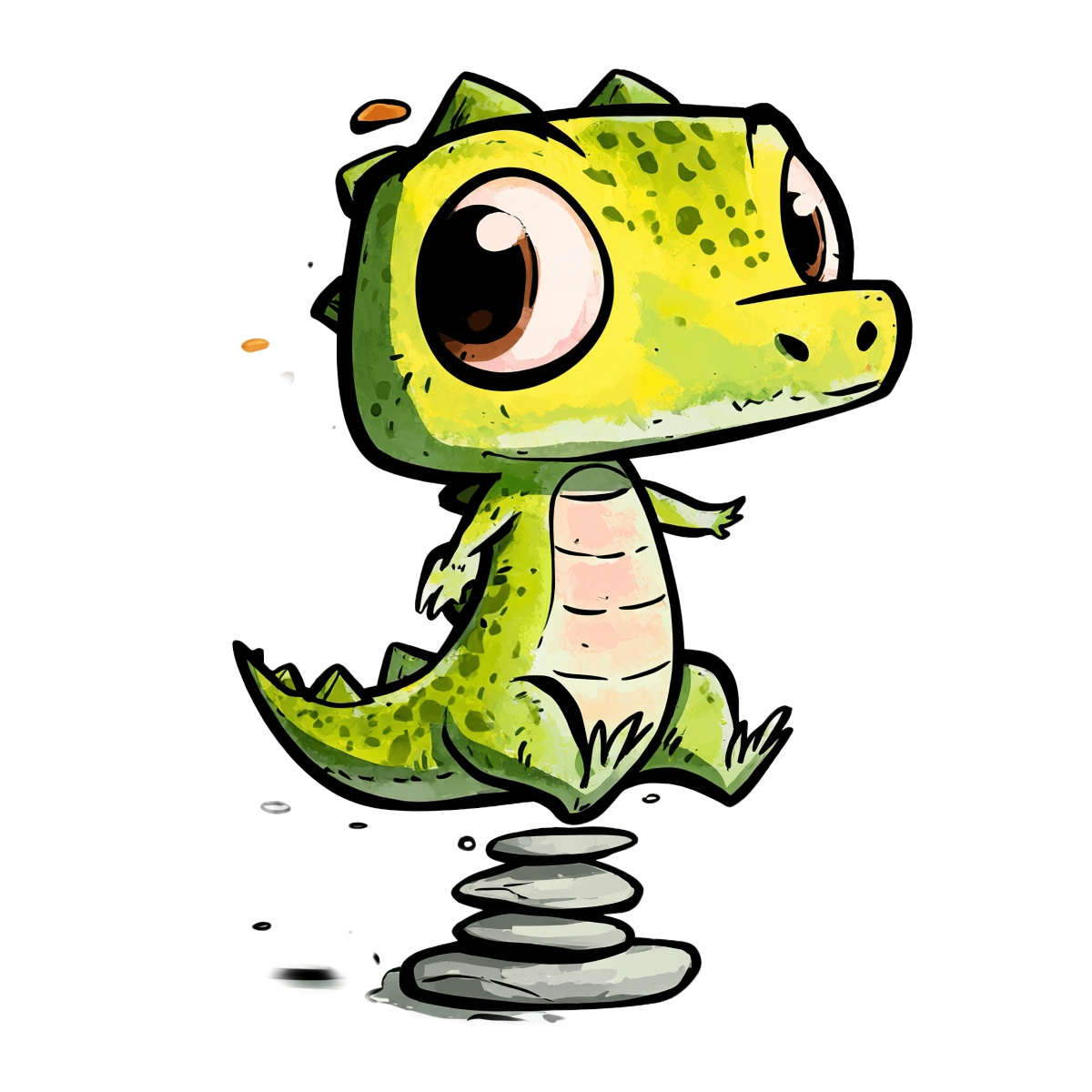 Green cartoon reptile with large eyes balancing on a spring.