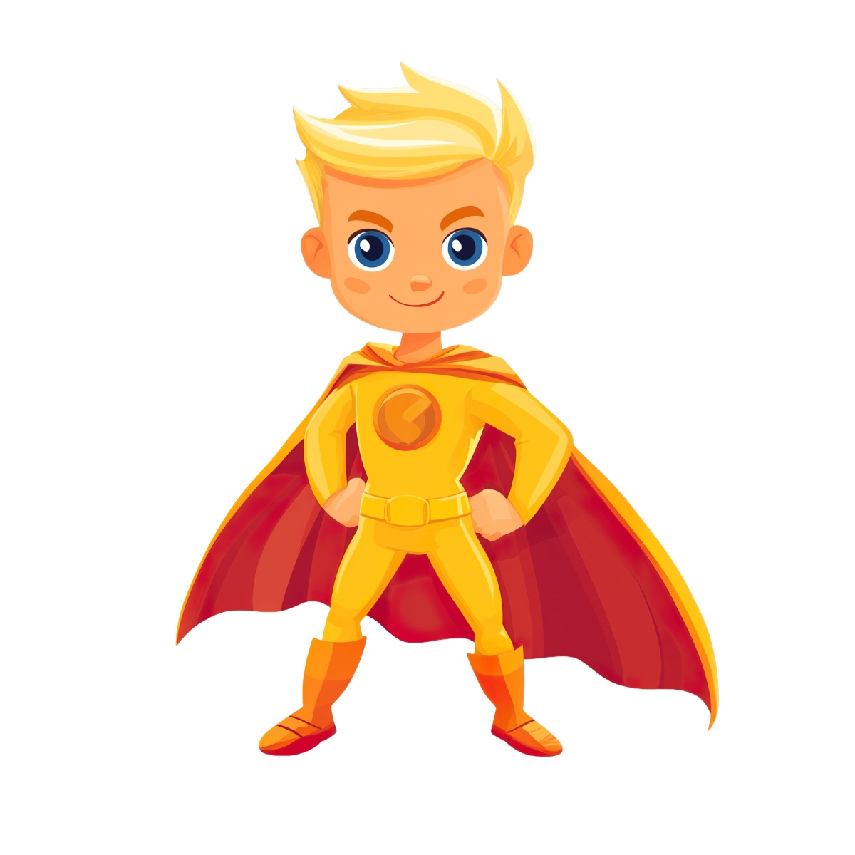 Cartoon superhero boy in yellow costume with red cape standing confidently.