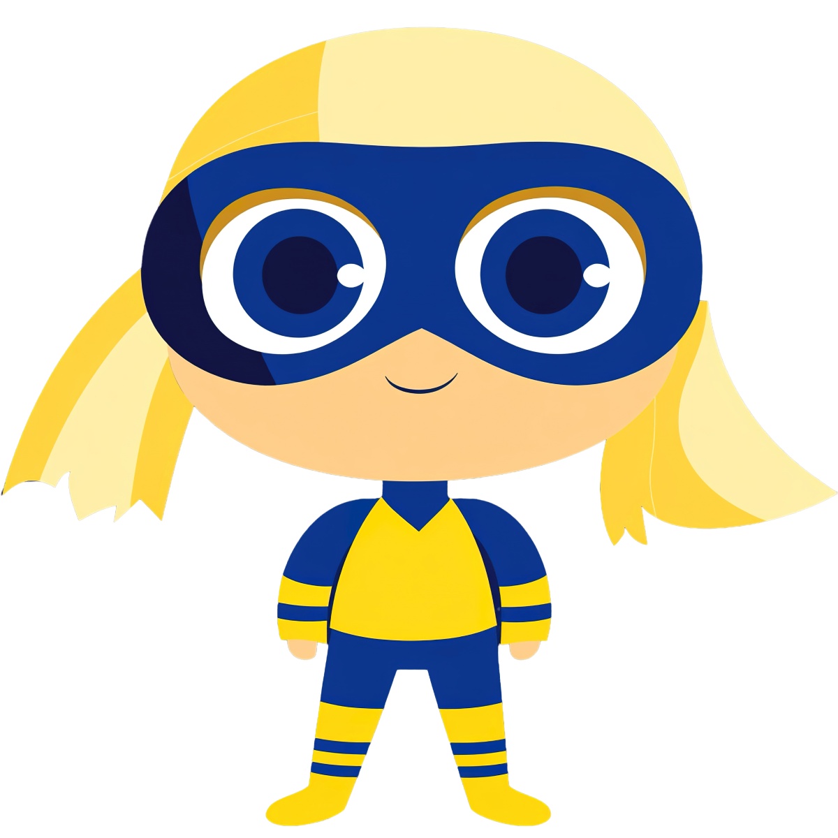 Cartoon superhero character in blue and yellow costume with a mask.