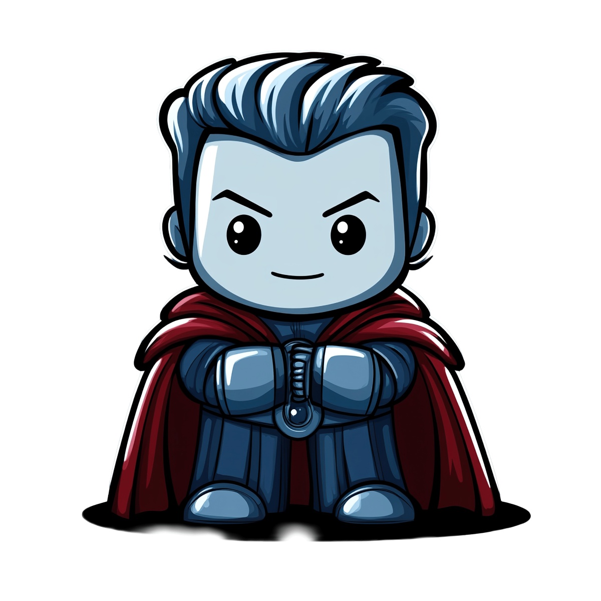 Cartoon superhero character in blue armor with a red cape.
