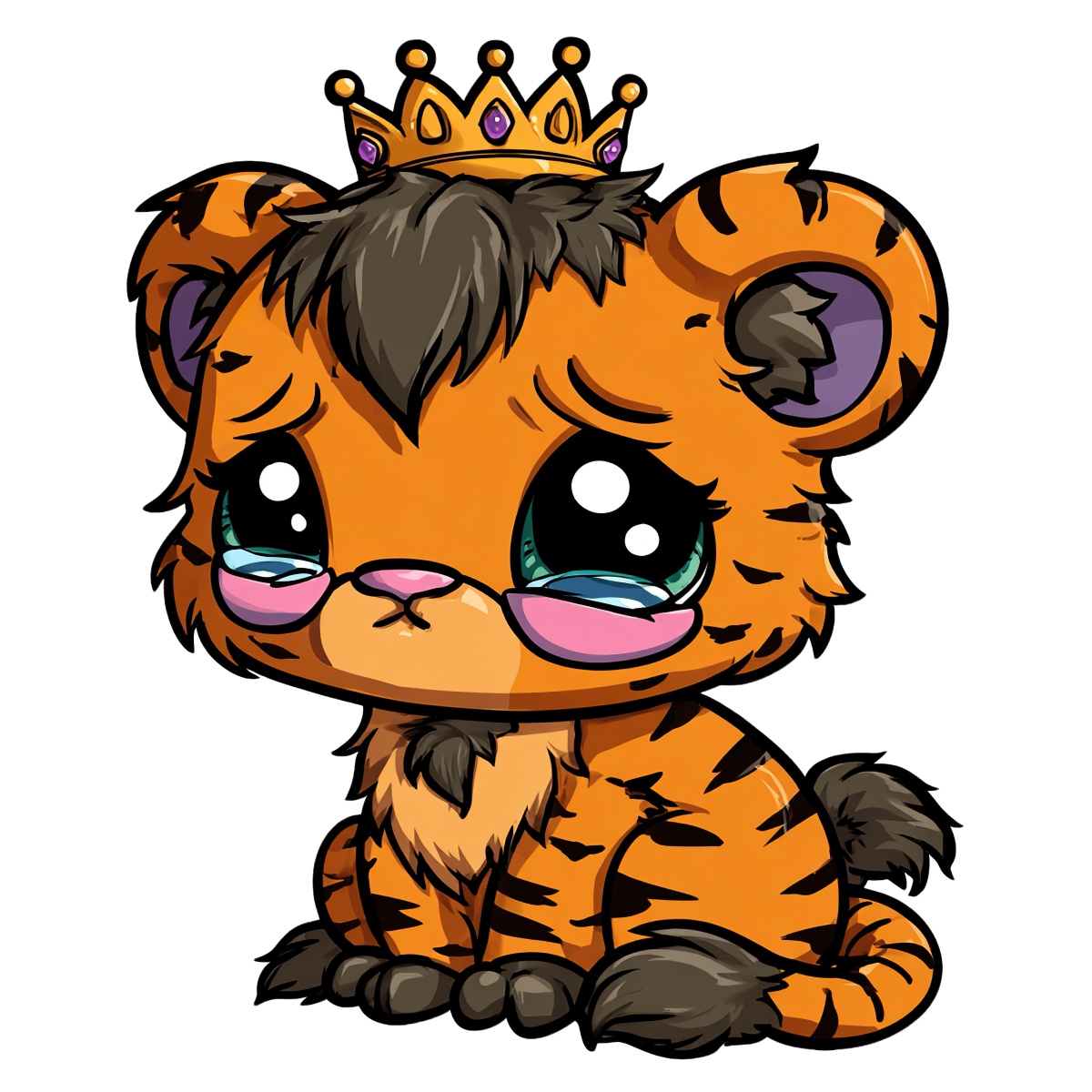 Illustration of a cartoon tiger cub with a crown on its head.