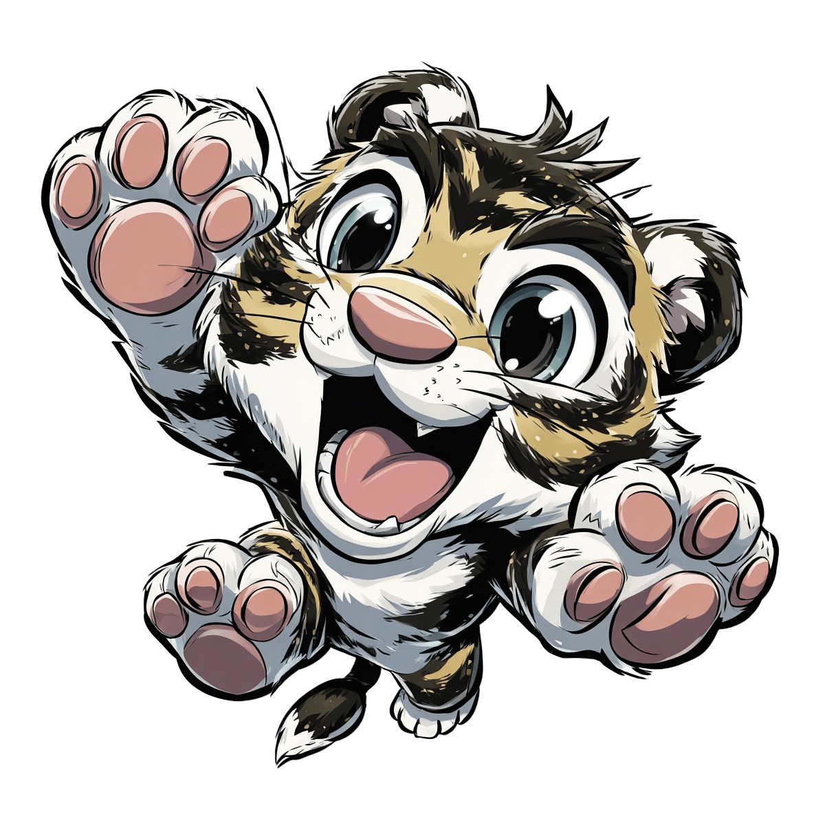 Cartoon tiger leaping with paws extended and round eyes.