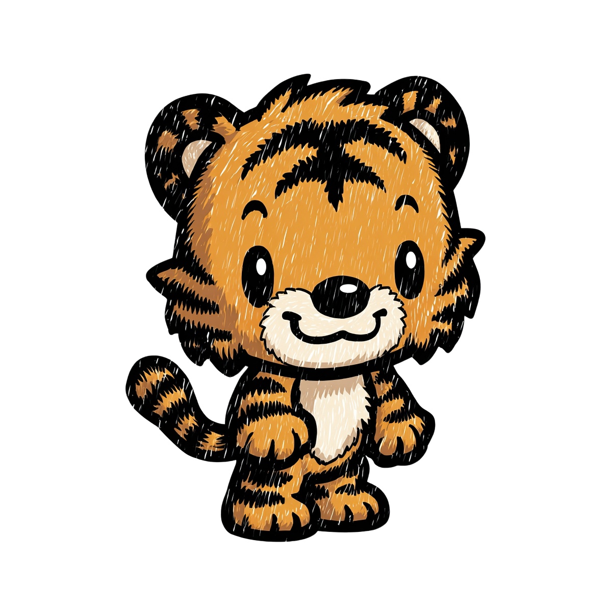 Cartoon tiger with orange fur and black stripes stands with a wide smile.