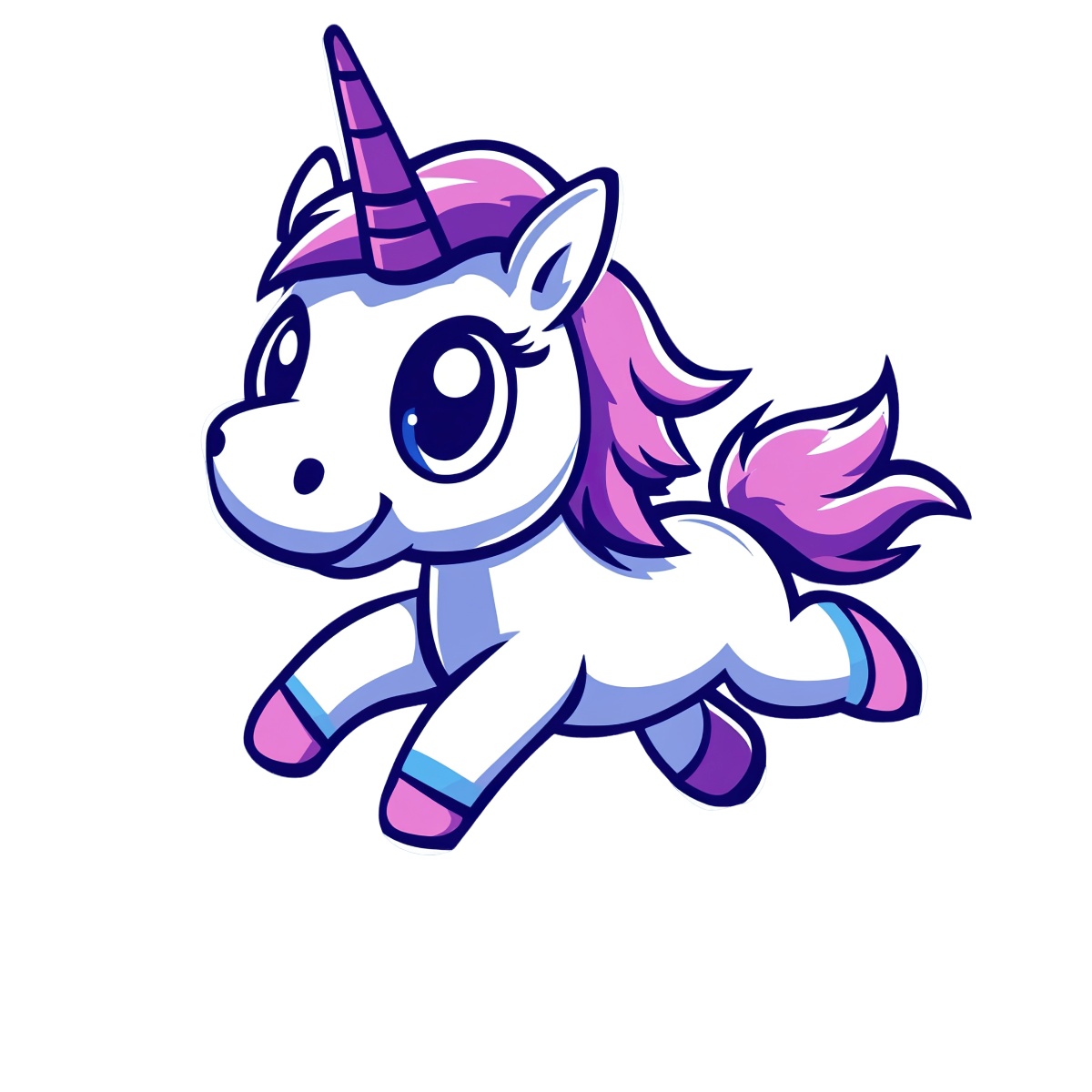 Cartoon unicorn with pink mane and blue eyes running energetically.