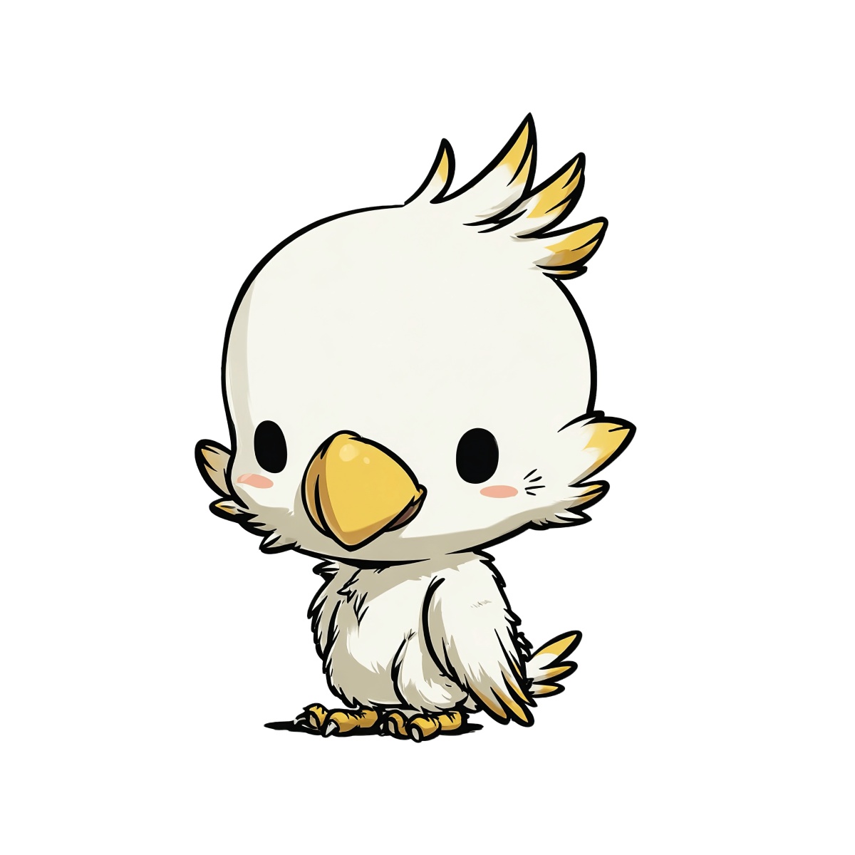 Cartoon illustration of a white bird with a yellow beak and spiky feathers.