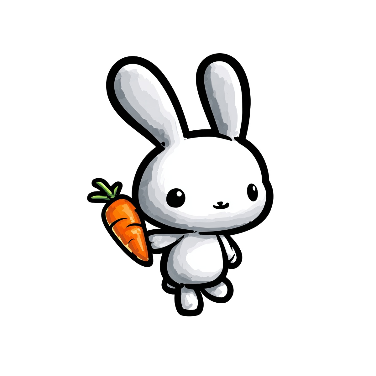 Cartoon rabbit holding a carrot, white fur, black background.