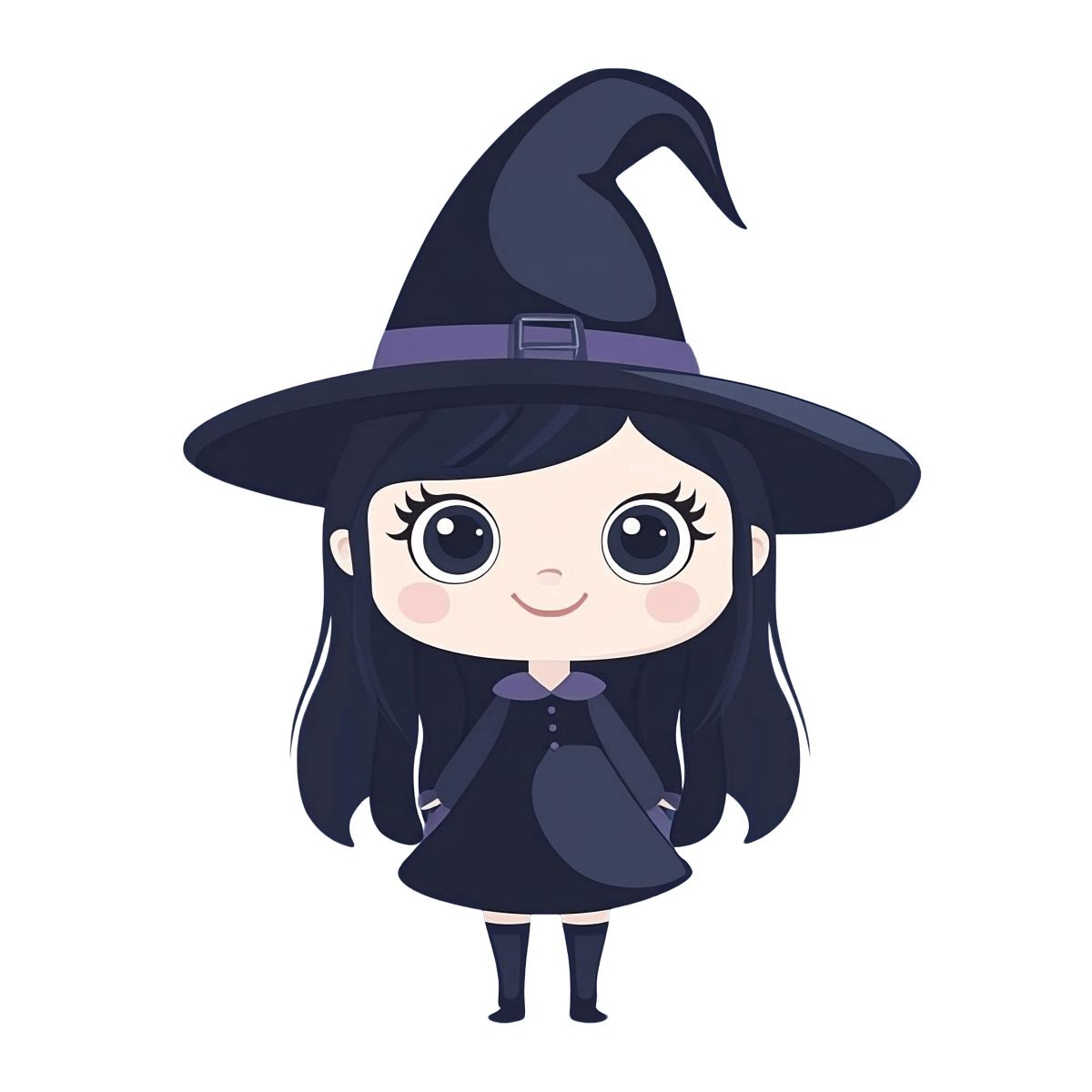 Cartoon witch character wearing a black hat and dress with purple accents.