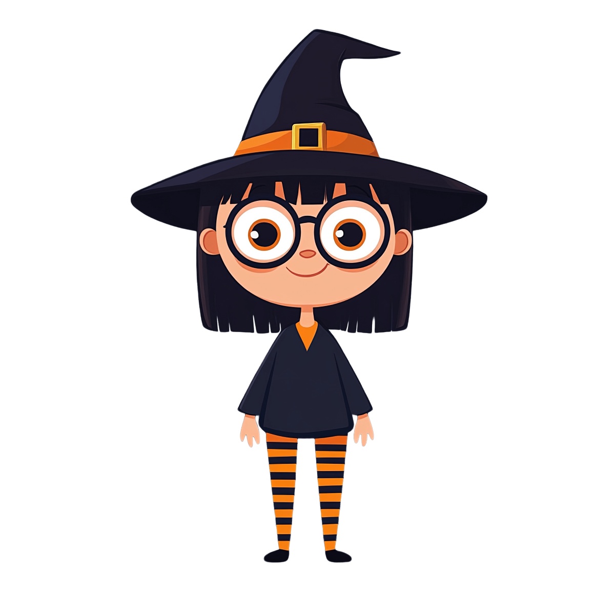Cartoon witch character with black hat and orange striped tights.