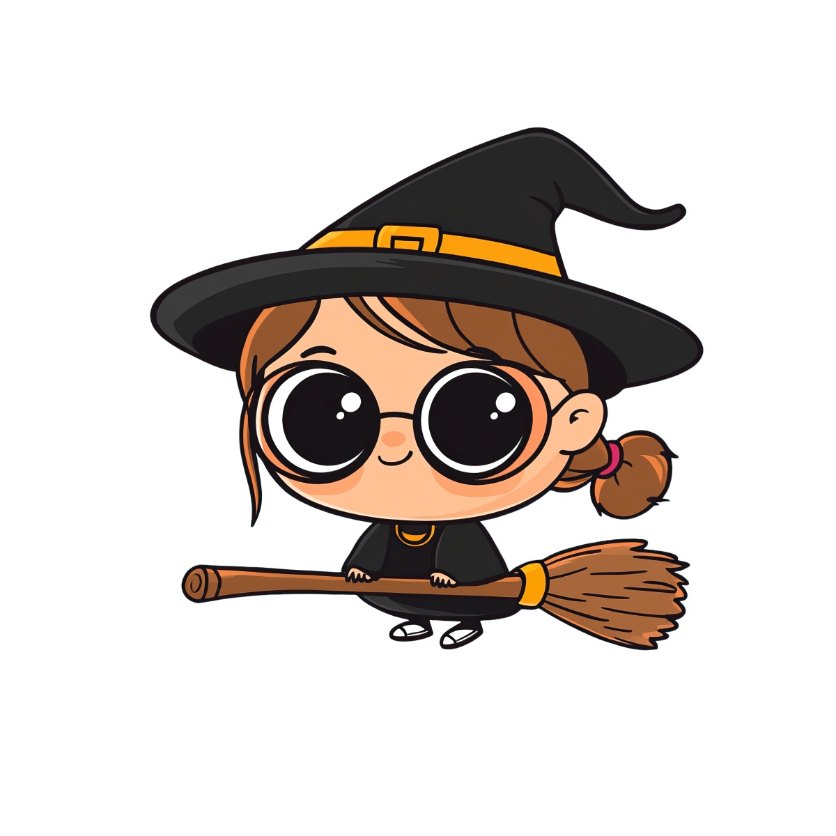 Cartoon witch character wearing a hat and riding a broomstick for Halloween.