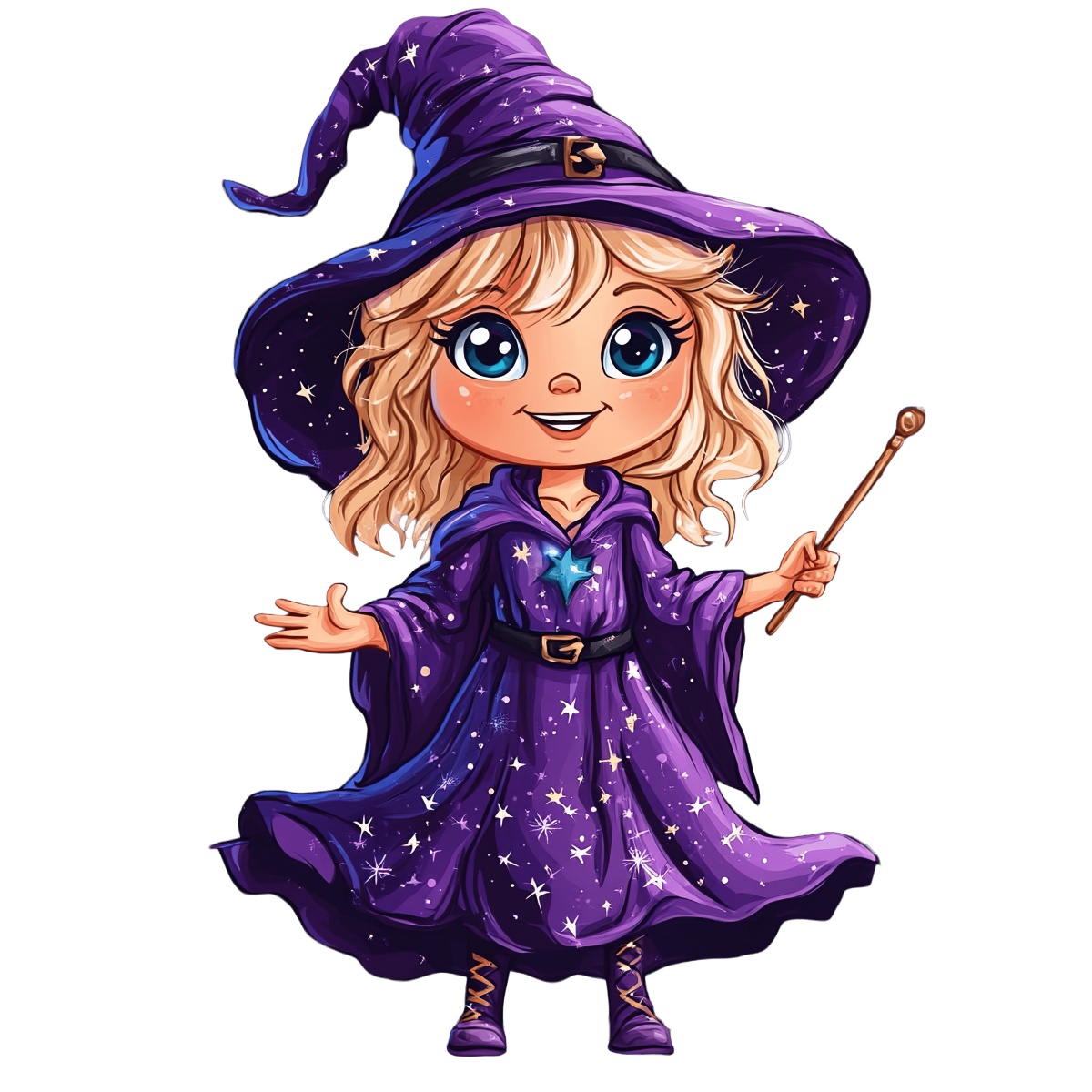 Cartoon witch in a purple robe and hat holding a wand.