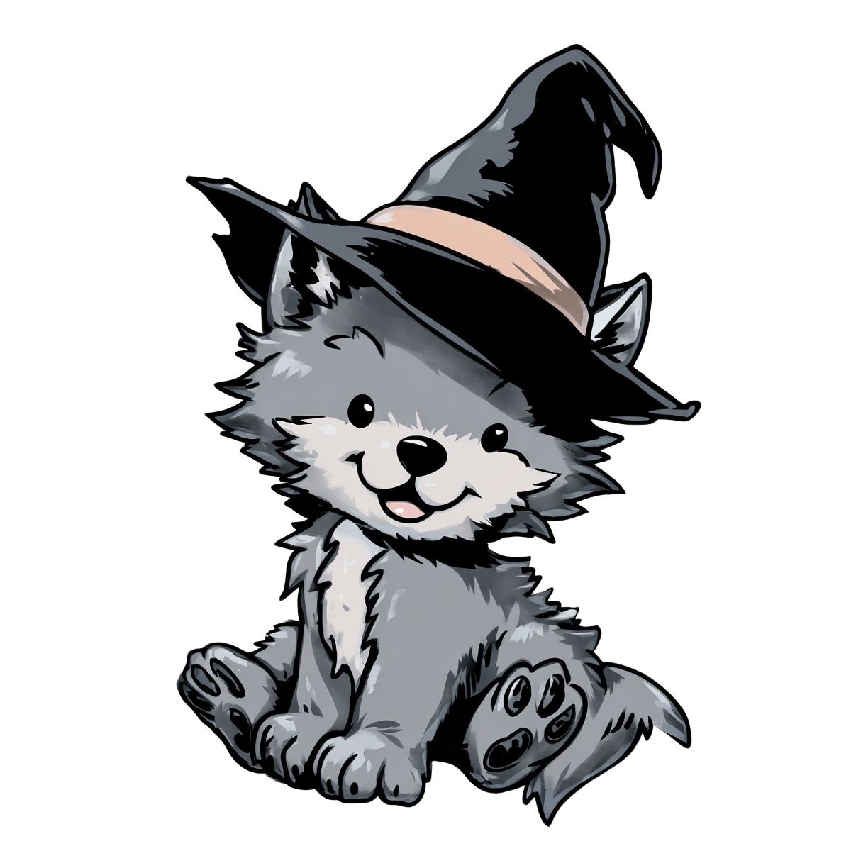 Grey wolf wearing a large black witch hat with a beige band sitting.