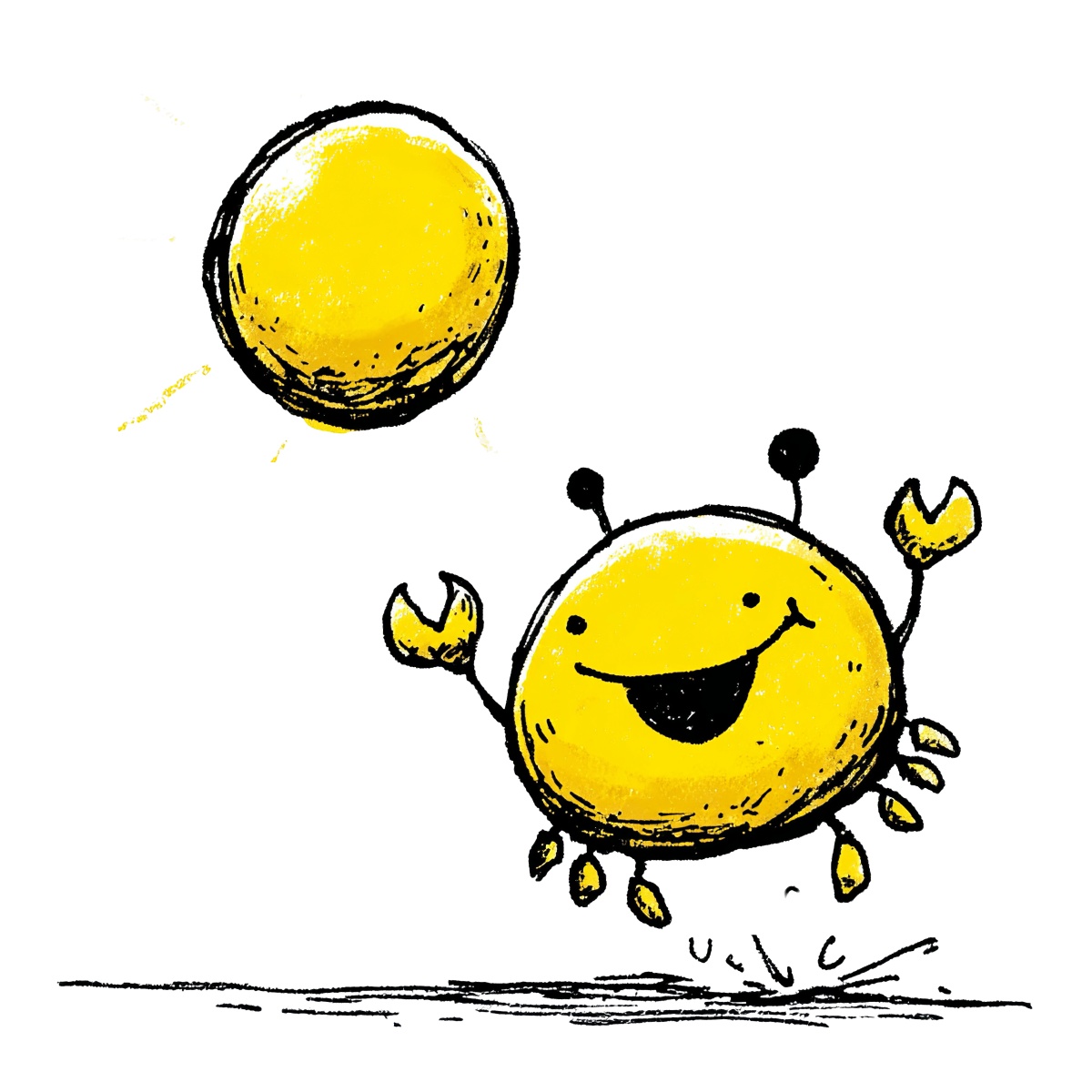 Cartoon-style yellow crab with a sun on a black background.
