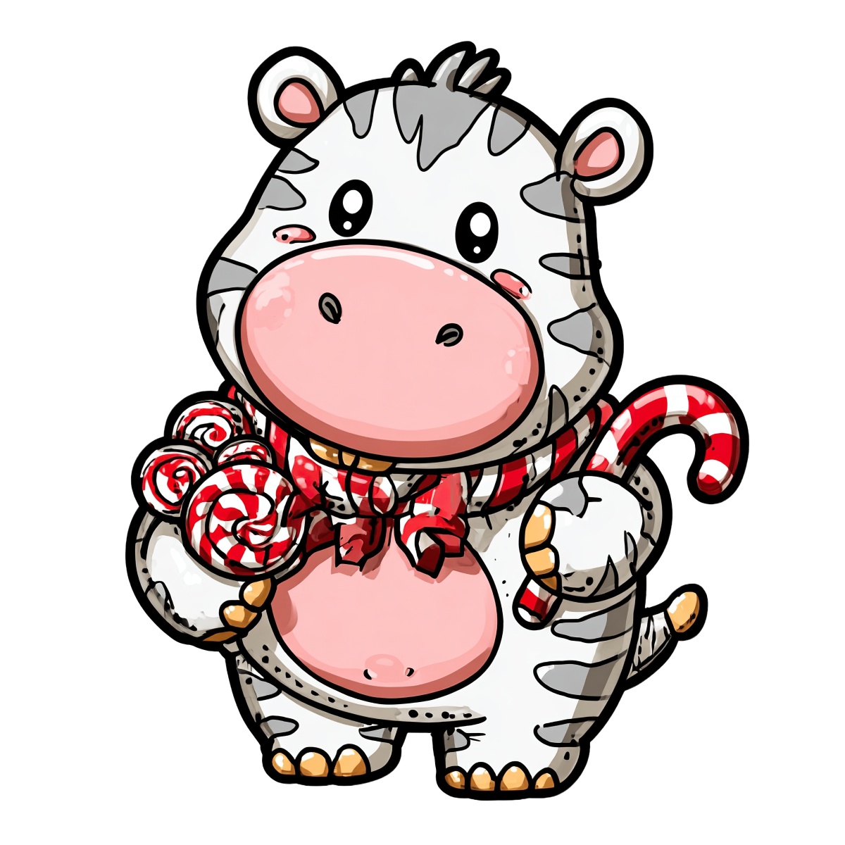 Cartoon zebra holding striped candy with a red ribbon.
