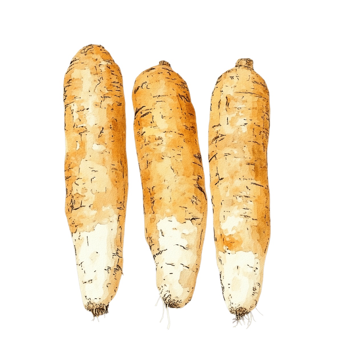 Three whole cassava roots shown vertically.