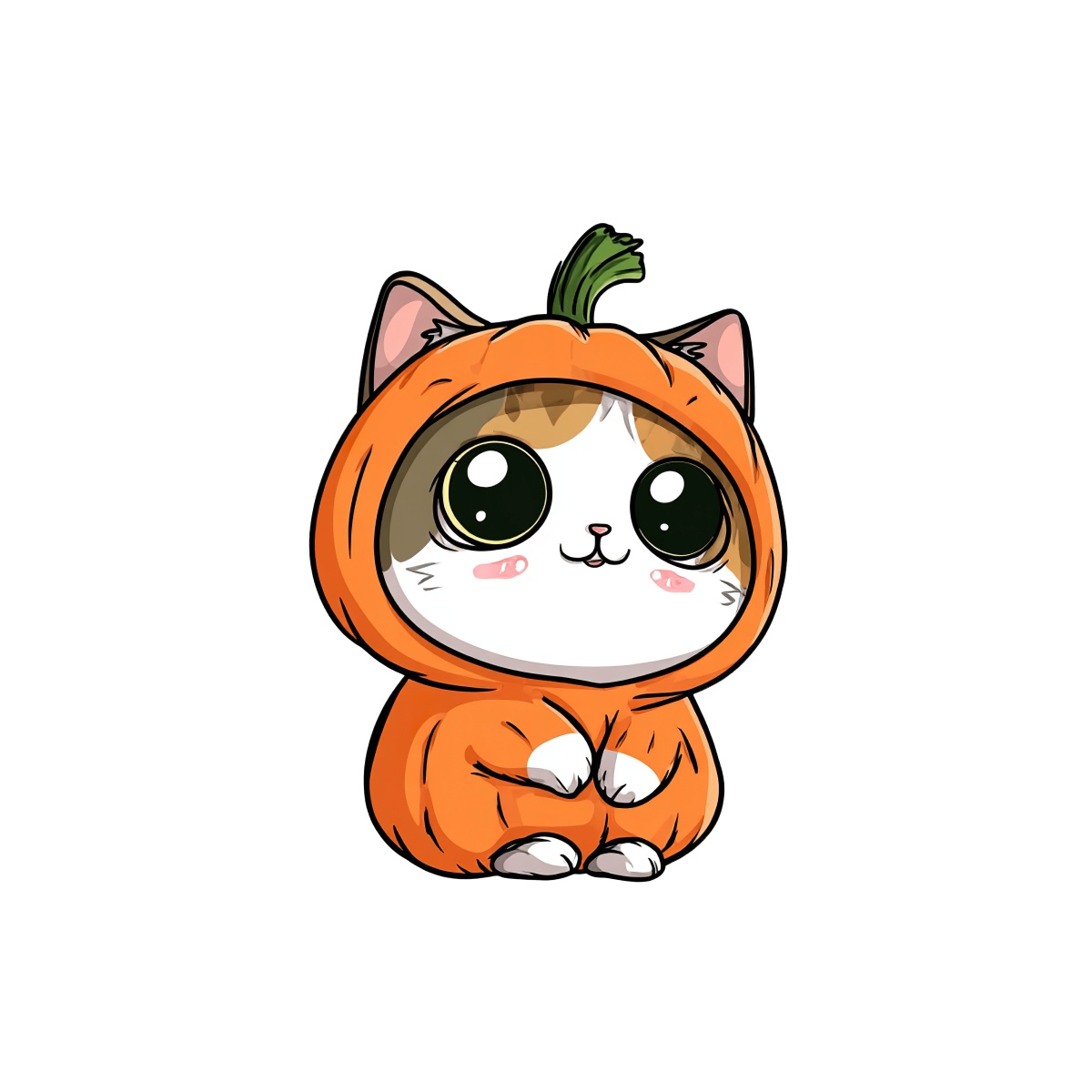 Illustration of a cat wearing an orange pumpkin costume with a green stem.