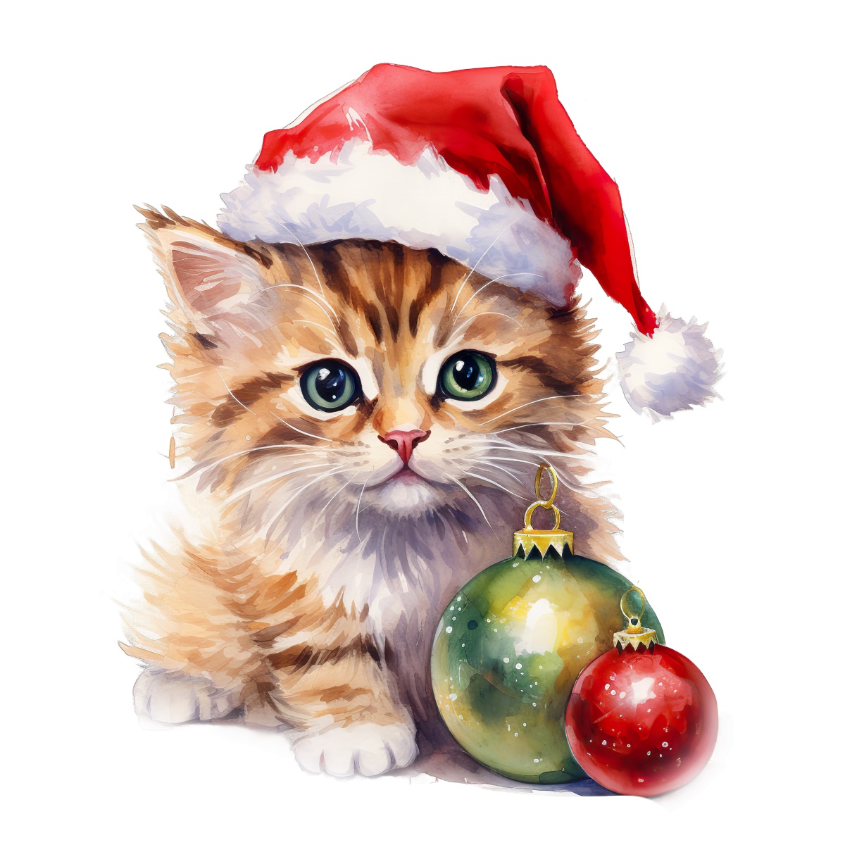 Fluffy cat wearing Santa hat with Christmas baubles, festive holiday theme.