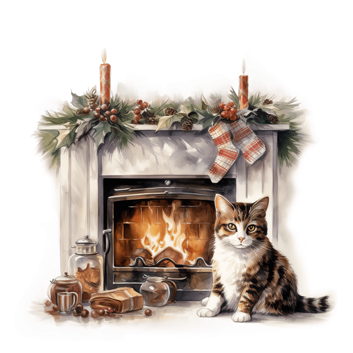 Cat sitting by a festive fireplace with holiday garland and lit candles.