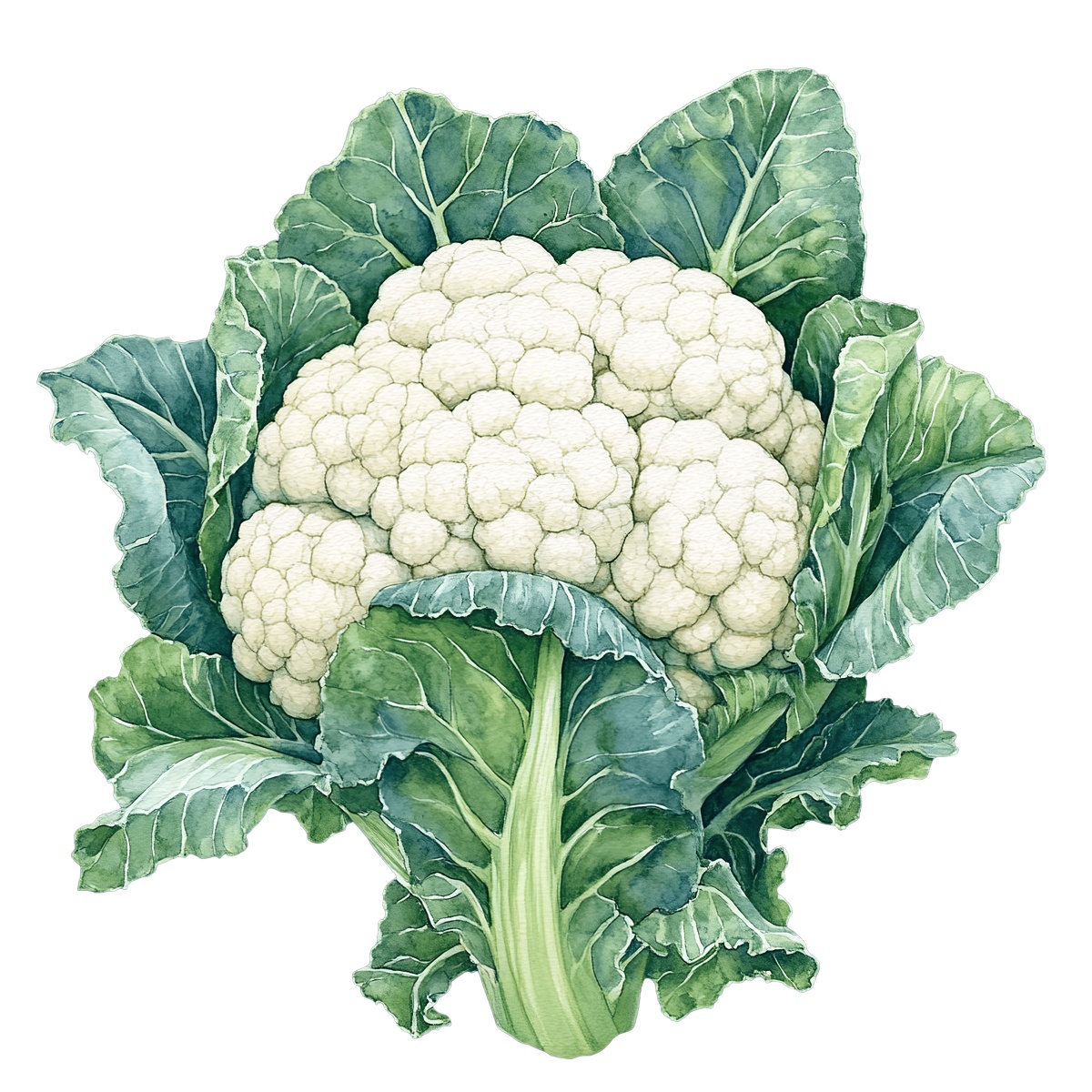 Cauliflower with green leaves displayed.