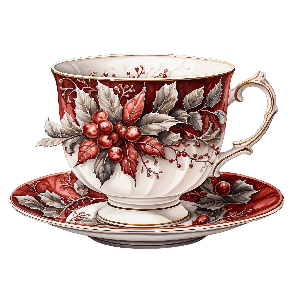 Ceramic teacup and saucer featuring a festive holly and berry design.